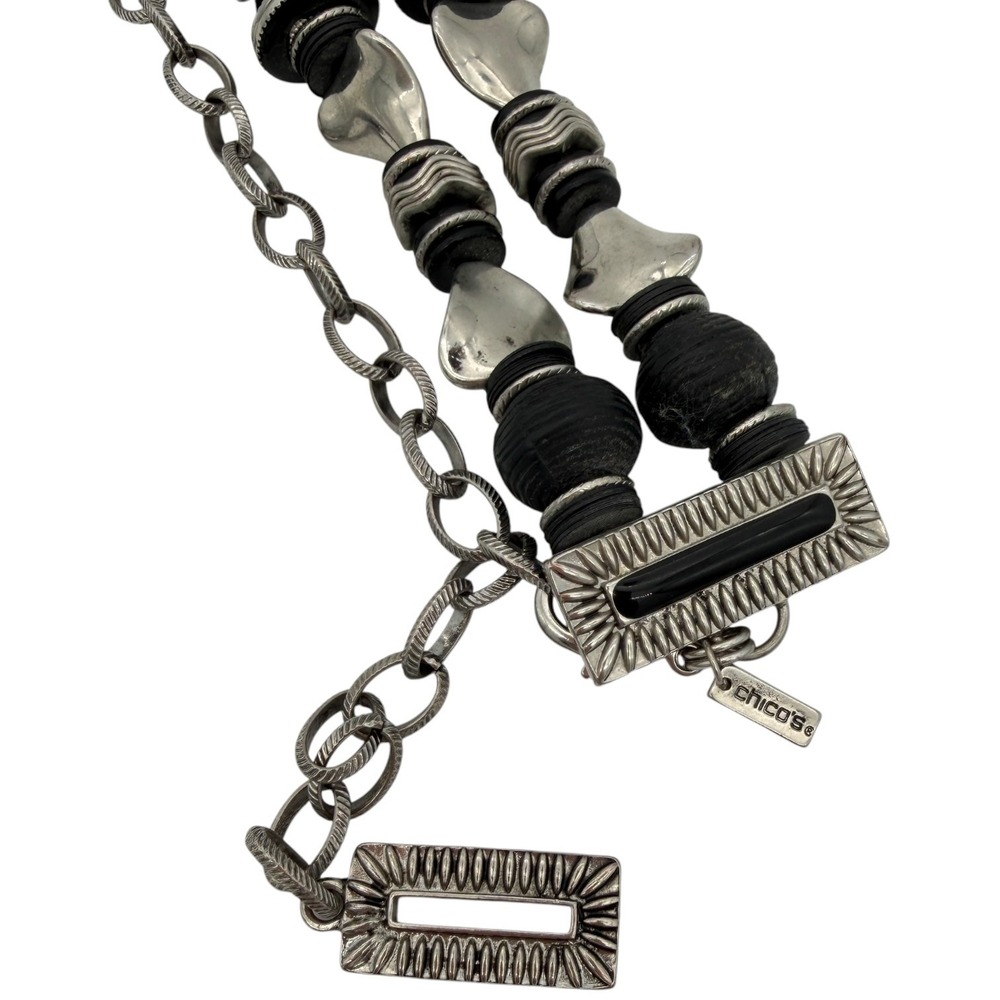Chicos Silver Tone Black Resin Statement Chain Belt Boho Southwestern - Picture 4 of 7